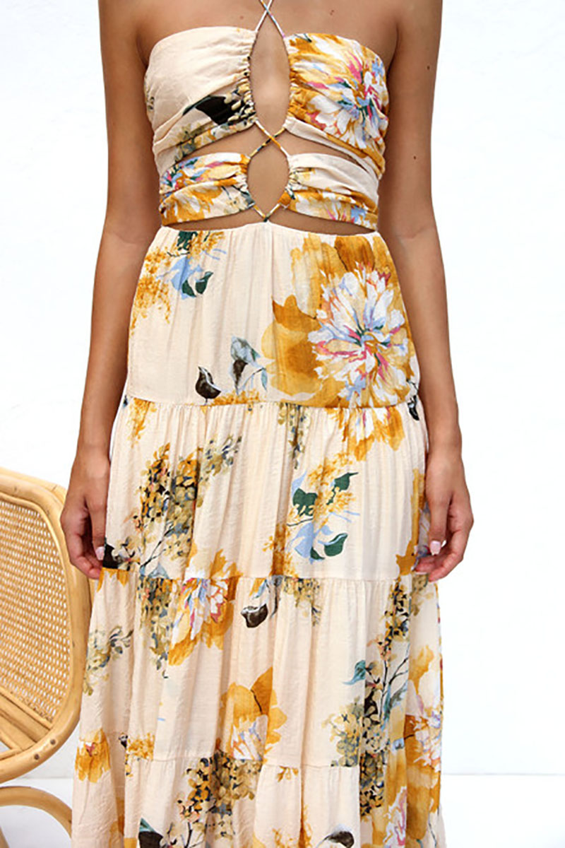 Cutout Halter Print Tiered Backless Vacation Maxi Dresses