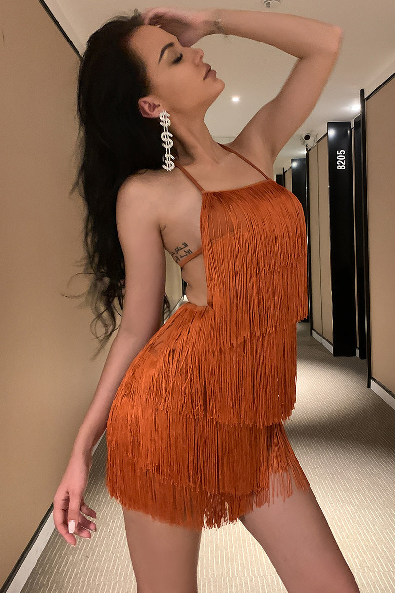 Halter Backless Tiered Tassel Garden Party Mini Dresses