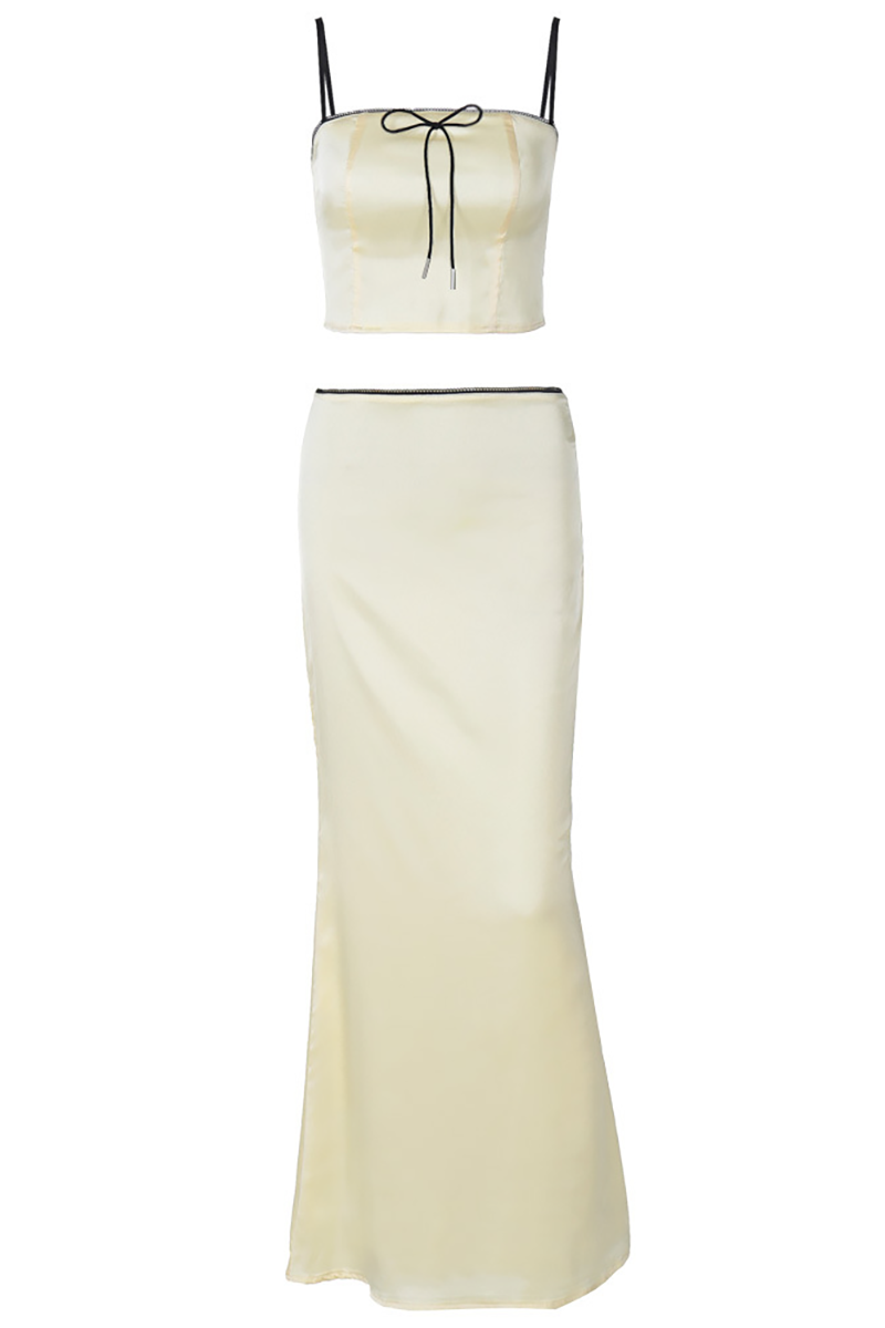Bow Decor Crop Cami Slim Fit Fishtail Hem Maxi Skirt Matching Set-Beige