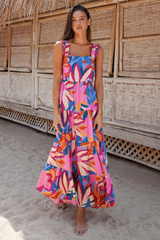 Wide Straps Square Neck Floral Print A-Line Flowy Maxi Dresses-Pink