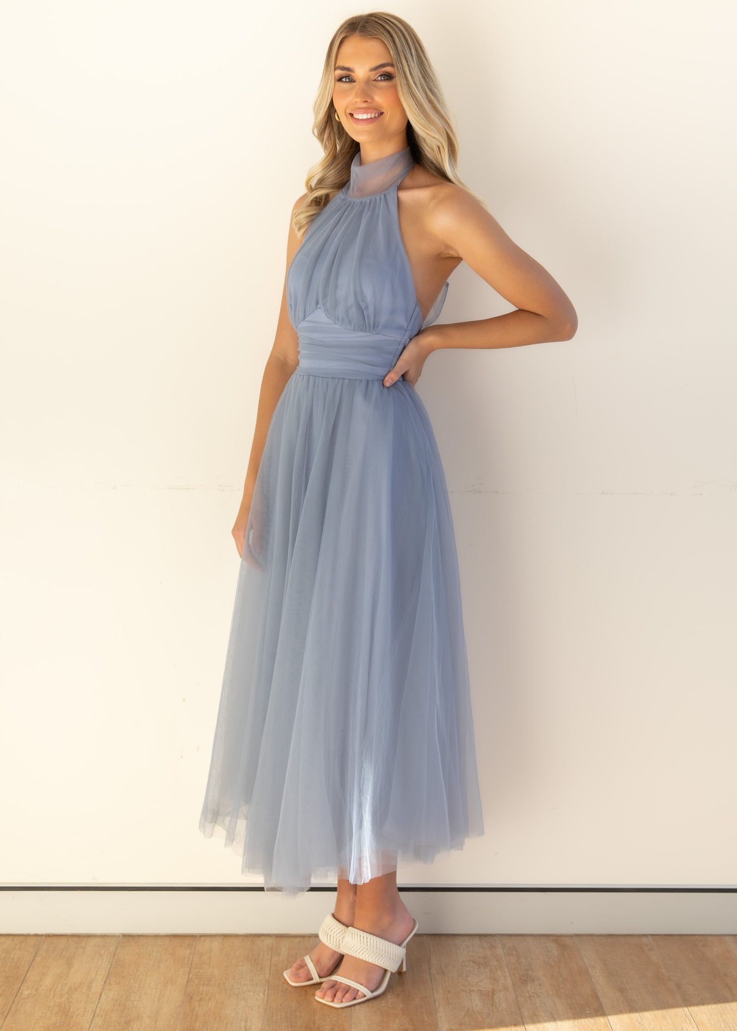 Tulle Halter Bow Backless Prom Maxi Dresses