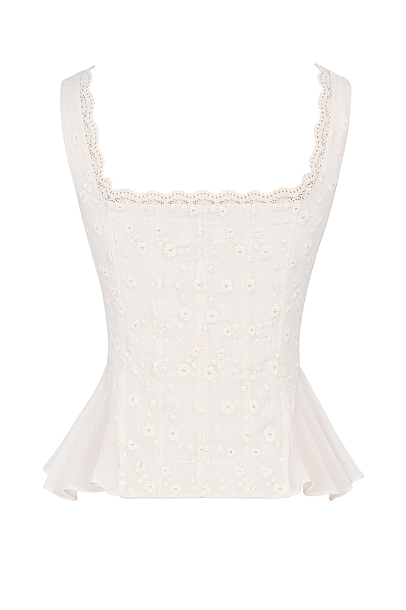 Floral Embroidery Ruffled Top Bodycon Maxi Skirt Matching Set-Ivory