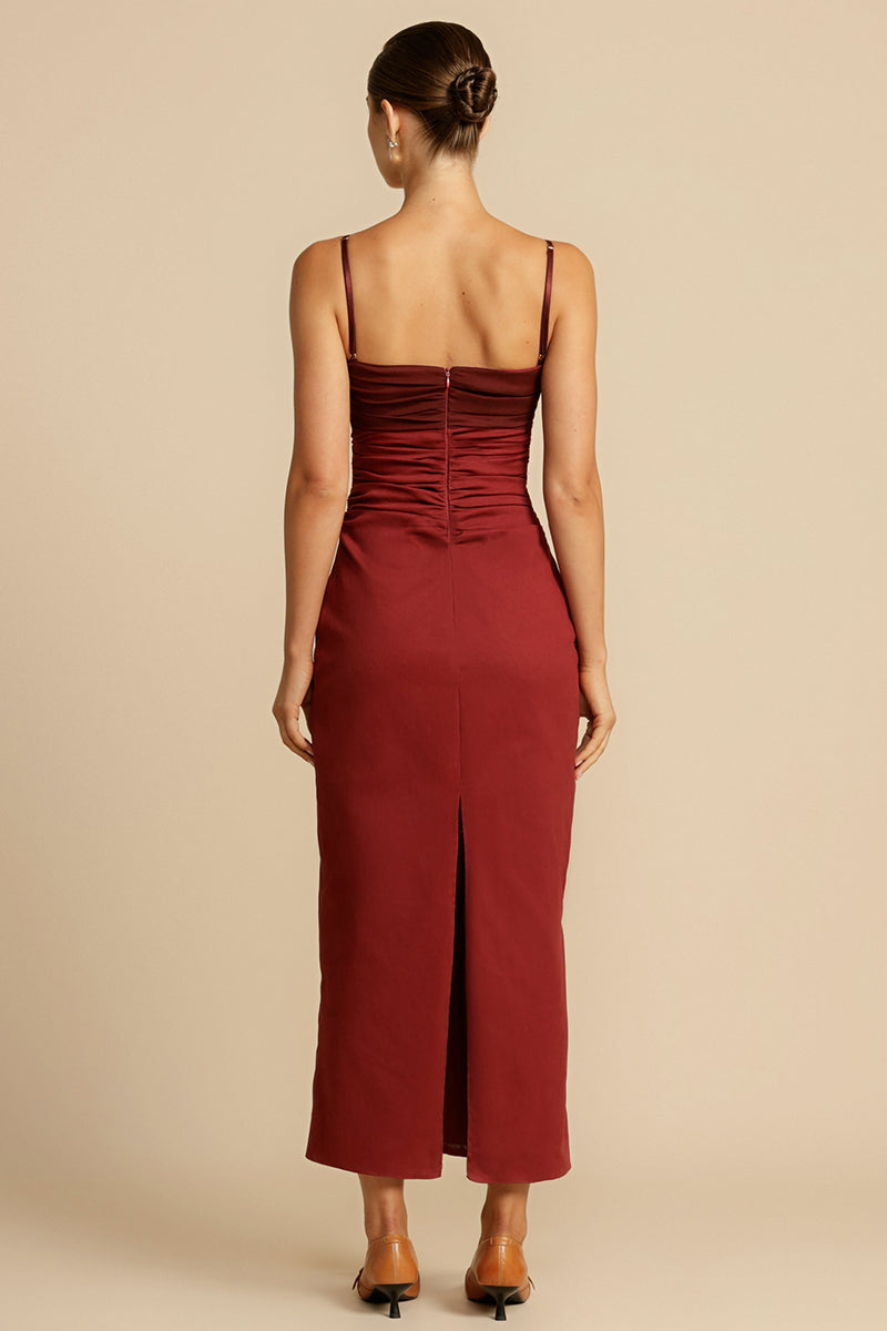 Spaghetti Strap Ruched Split Bodycon Midi Dresses-Red