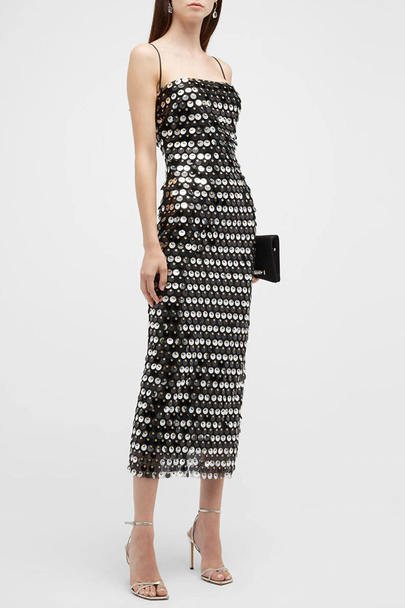 Sequins Spaghetti Strap Slim Fit Birthday Party Midi Dresses-Silver