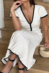 Knit Colorblock Trim V Neck Crop Top Pleated Midi Skirt Matching Set-White
