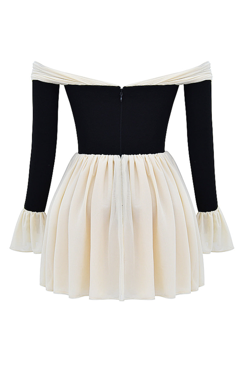 Off Shoulder Long Flare Sleeve Patchwork Knotted Pleated Hem Party Mini Dresses-White
