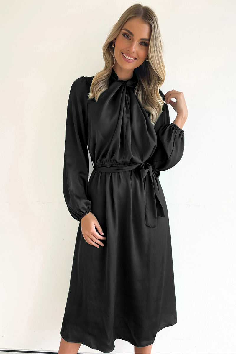 Ruched Knotted Long Sleeve Satin Midi Dresses