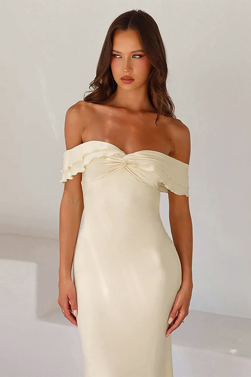 Ruffled Dropped Shoulder Twisted Ruched Slim Fit Maxi Dresses-Beige