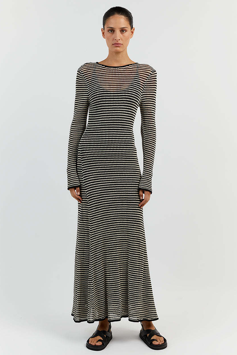 Knit Striped Pattern Long Sleeve Slim Fit Vacation Maxi Dresses-Black