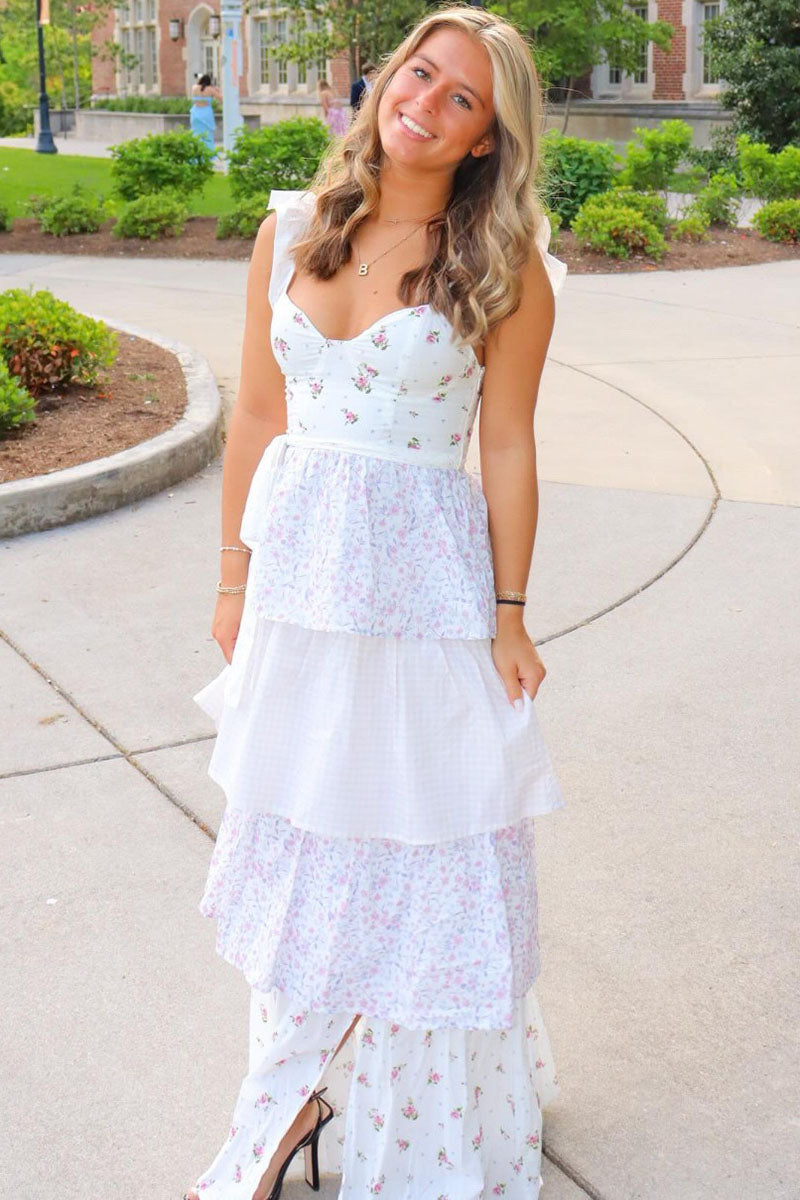 Sweetheart Neck Floral Print Patchwork Layered Maxi Dresses-White