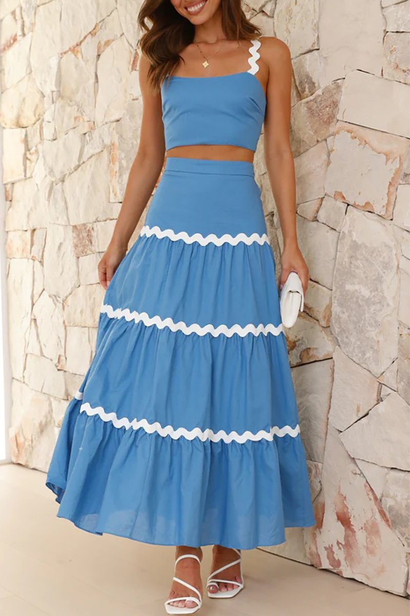 Colorblock Ripple Trim Crop Cami High Waist A-Line Maxi Skirt Matching Set-White