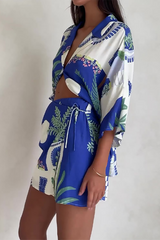 Plants Print 3/4 Sleeve Blouse High Waist Shorts Matching Set-Blue