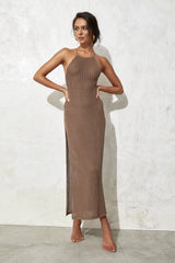 Ribbed Knit Open Back High Slit Maxi Dresses