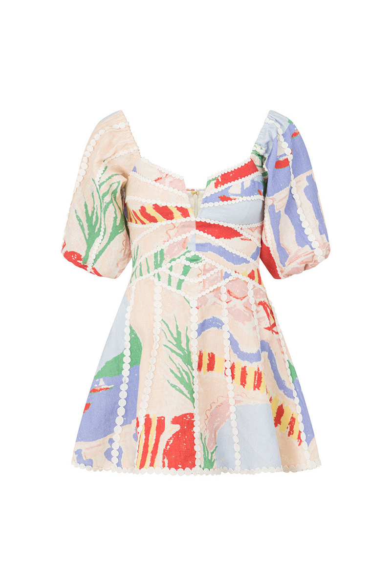 Painting Print Off Shoulder Puff Sleeve A-Line Mini Dresses-Beige