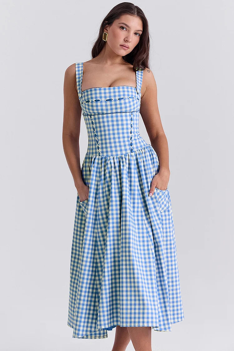 Plaid Print Spaghetti Strap Square Neck Pocket Midi Dresses-Blue
