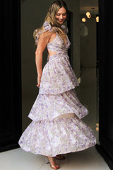 V Neck Ruffle Cutout Floral Print Layered Maxi Dresses-Purple Pre Order