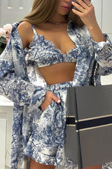 Ink Painting Print Long Sleeve Blouse Halter Bra Shorts Three-Piece Set-Blue