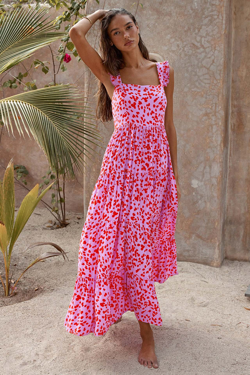 Wide Straps Square Neck Floral Print A-Line Flowy Maxi Dresses-Pink