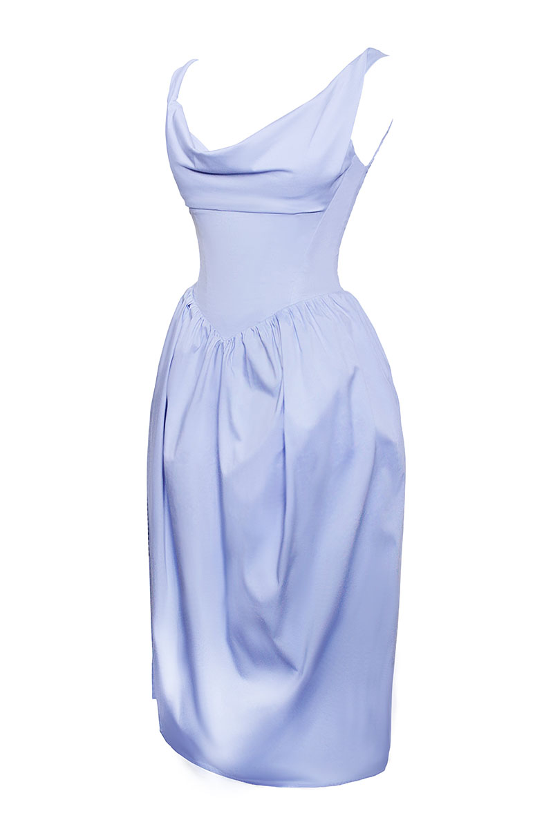 Cowl Neck Lace Up Cinch Waist Solid Color Midi Dresses-Blue Pre Order