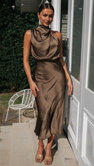 Turtleneck Sleeveless Satin Midi Dresses