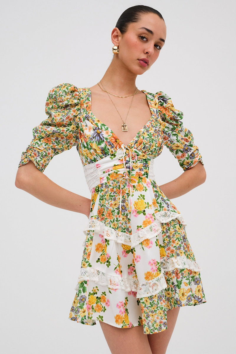 Floral Print V Neck Juliet Sleeve Lace Ruffled Trim A-Line Mini Dresses-Green
