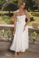 Spaghetti Strap Boat Neck Cinch Waist Pleated Hem Maxi Dresses-White