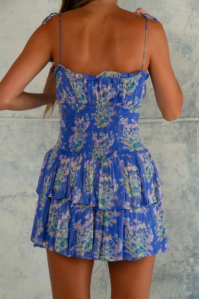 Floral Print Spaghetti Strap Slim Fit Tiered Ruffled Mini Dresses-Blue
