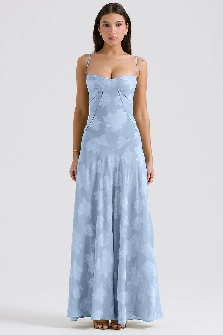 Elegant Floral Print Quilted Lace Up Back Formal Party Flowy Maxi Dresses-Green