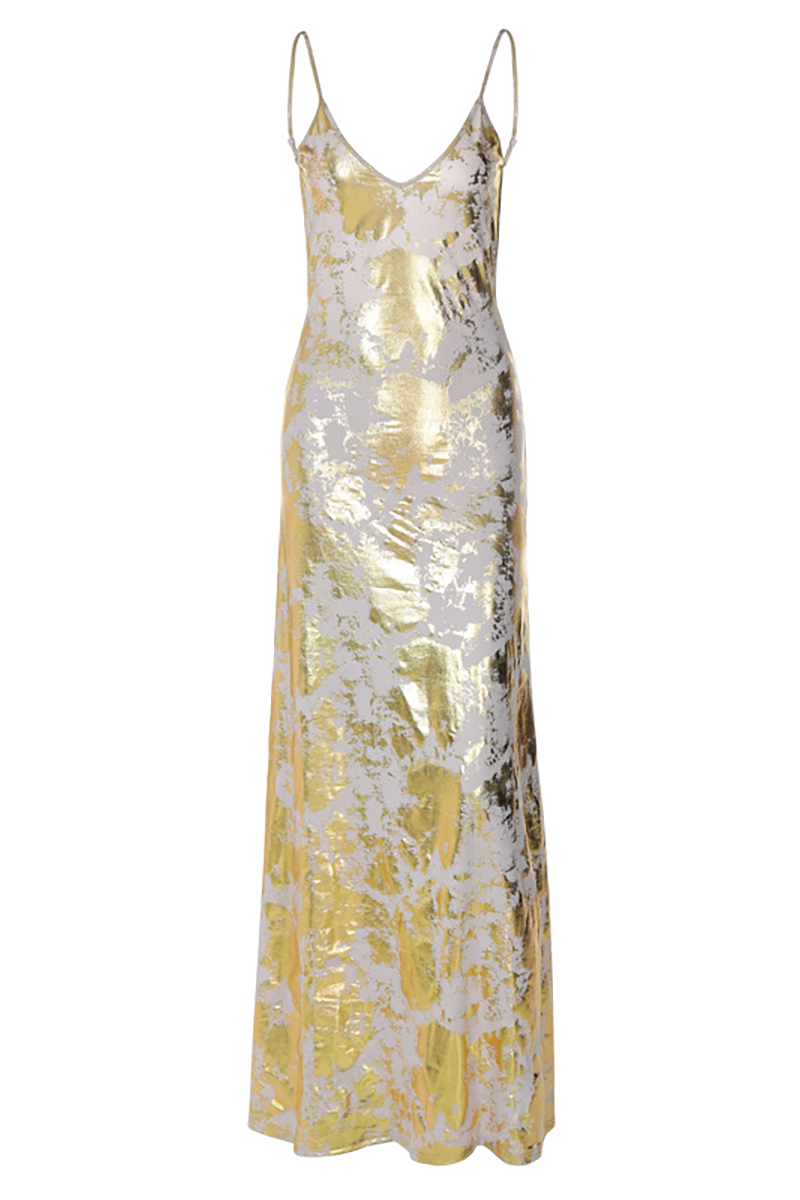 Bronzing Pattern Deep V Neck Backless Maxi Strappy Dresses-Gold