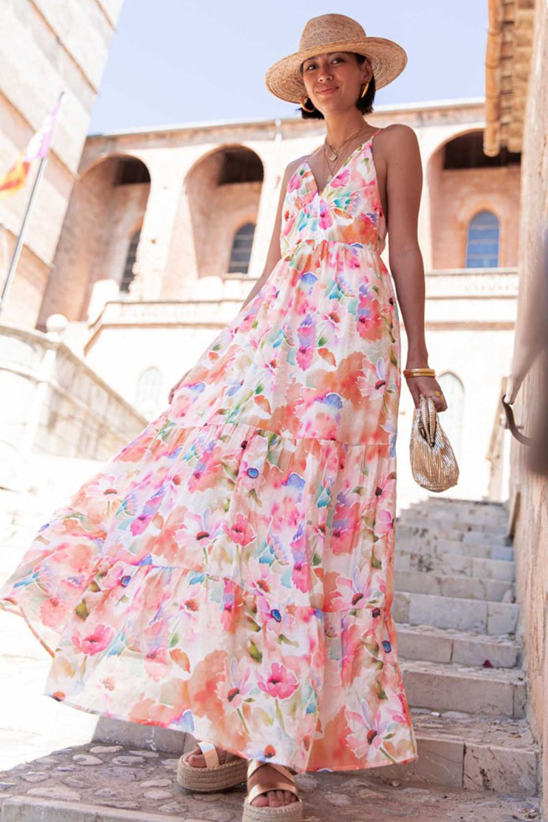 V Neck Backless Quilted Floral Print Vacation Maxi Slip Dresses