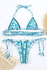 Lace Trim Halter Bikini Top Tie Up Paisley Print Bikini Set-Blue