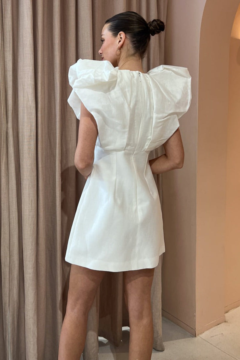 Deep V Neck Ruffle Short Sleeve Slim Satin Birthday Party White Mini Dresses