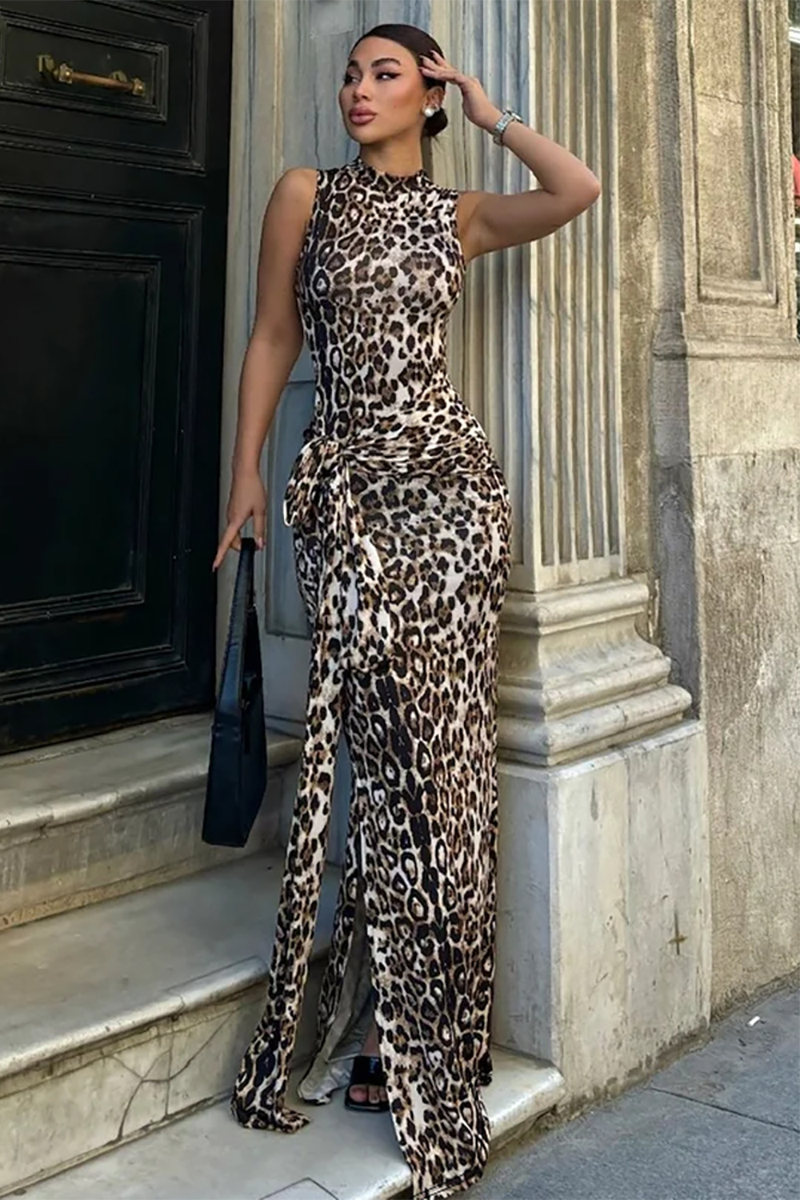 Leopard Print Mock Neck Sleeveless Tie Up Slim Fit Maxi Dresses-Brown