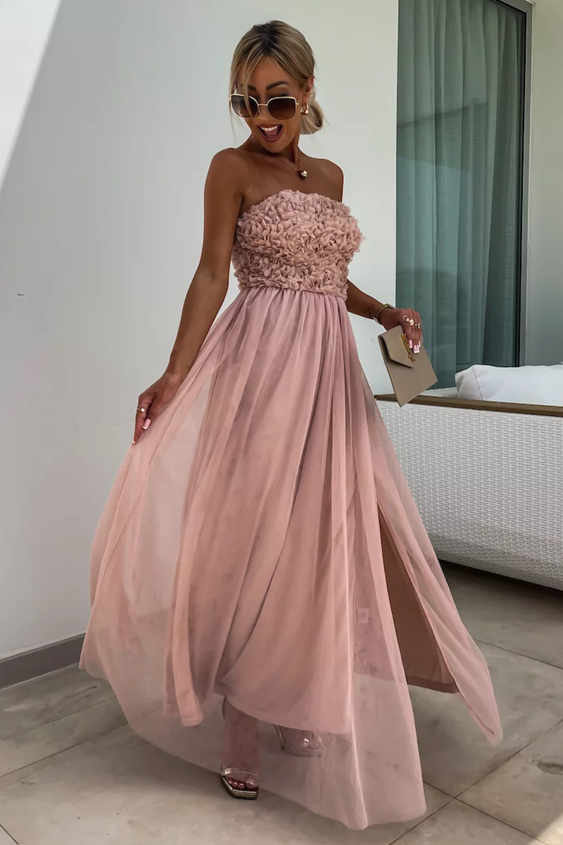 Floral Textured Pattern Strapless A-Line Slit Flowy Maxi Dresses-White