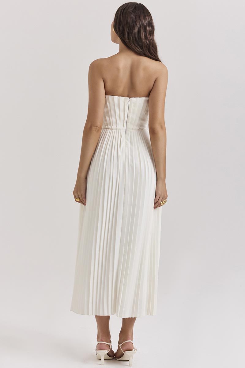 Strapless Corset Pleated Elegant Party Gown Midi Dresses-White
