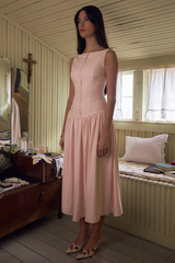 Boat Neck Button Up Cinch Waist Backless Pleated Hem Sleeveless Midi Dresses-Pink