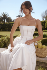 Spaghetti Strap Boat Neck Cinch Waist Pleated Hem Maxi Dresses-White