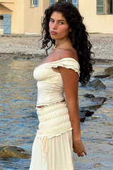 Deep V Neck Twisted Crop Top Ruched Maxi Skirt Matching Set-Beige