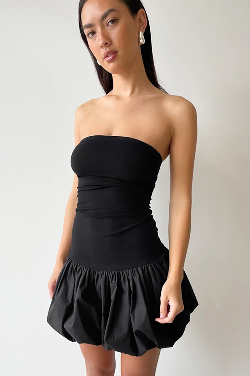 Strapless Colorblock Cinch Waist Puff Hem Mini Dresses-Blue