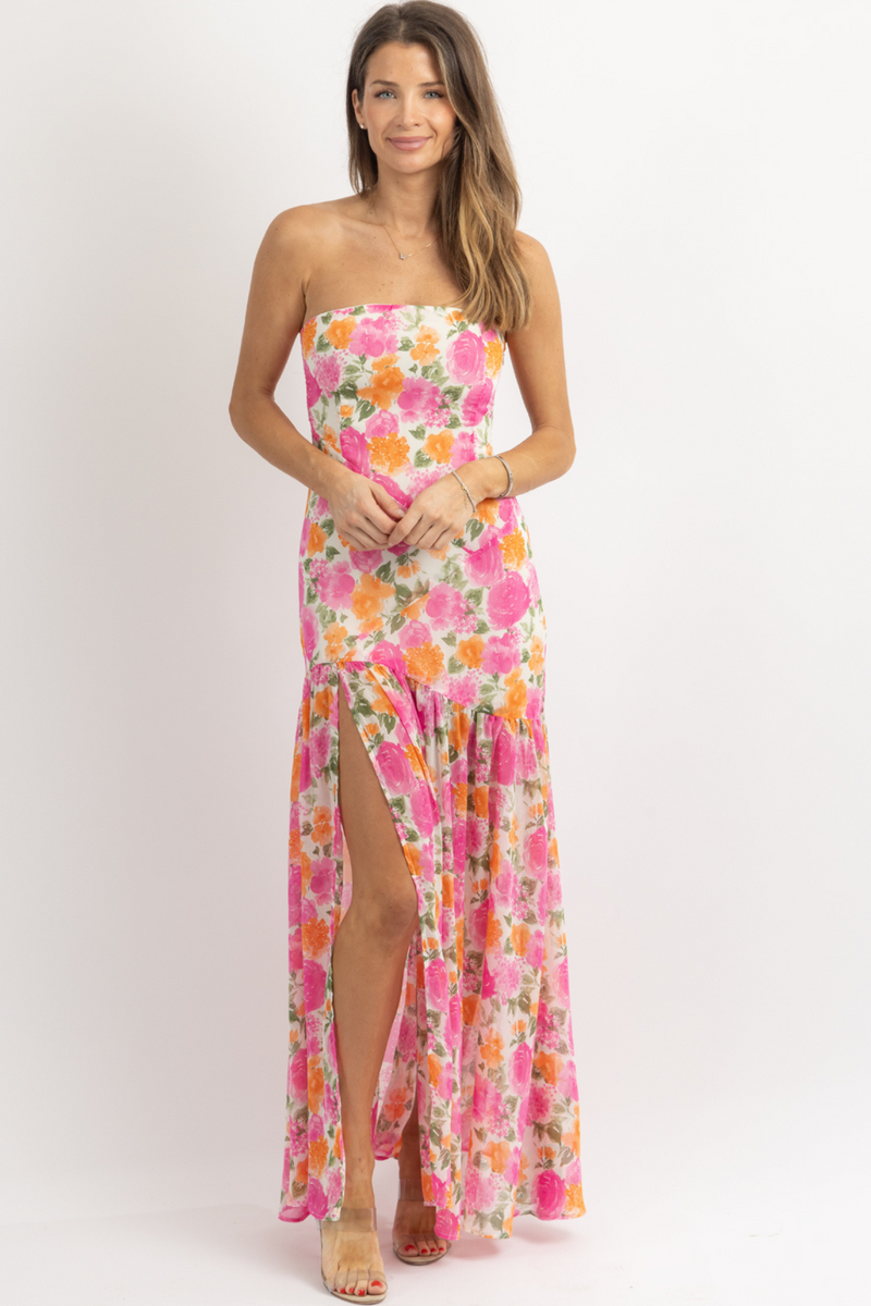 Floral Print Strapless Slit Side Flowy Maxi Dresses-Pink