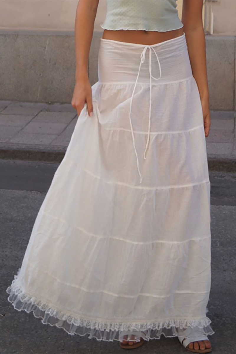 Lace Trim Front Lace Up Wide Strap Crop Top Ruffled Hemline Maxi Skirt Matching Set-White