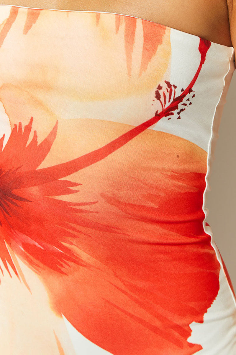 Floral Print Strapless Slim-Fit Vacation Maxi Dresses-White