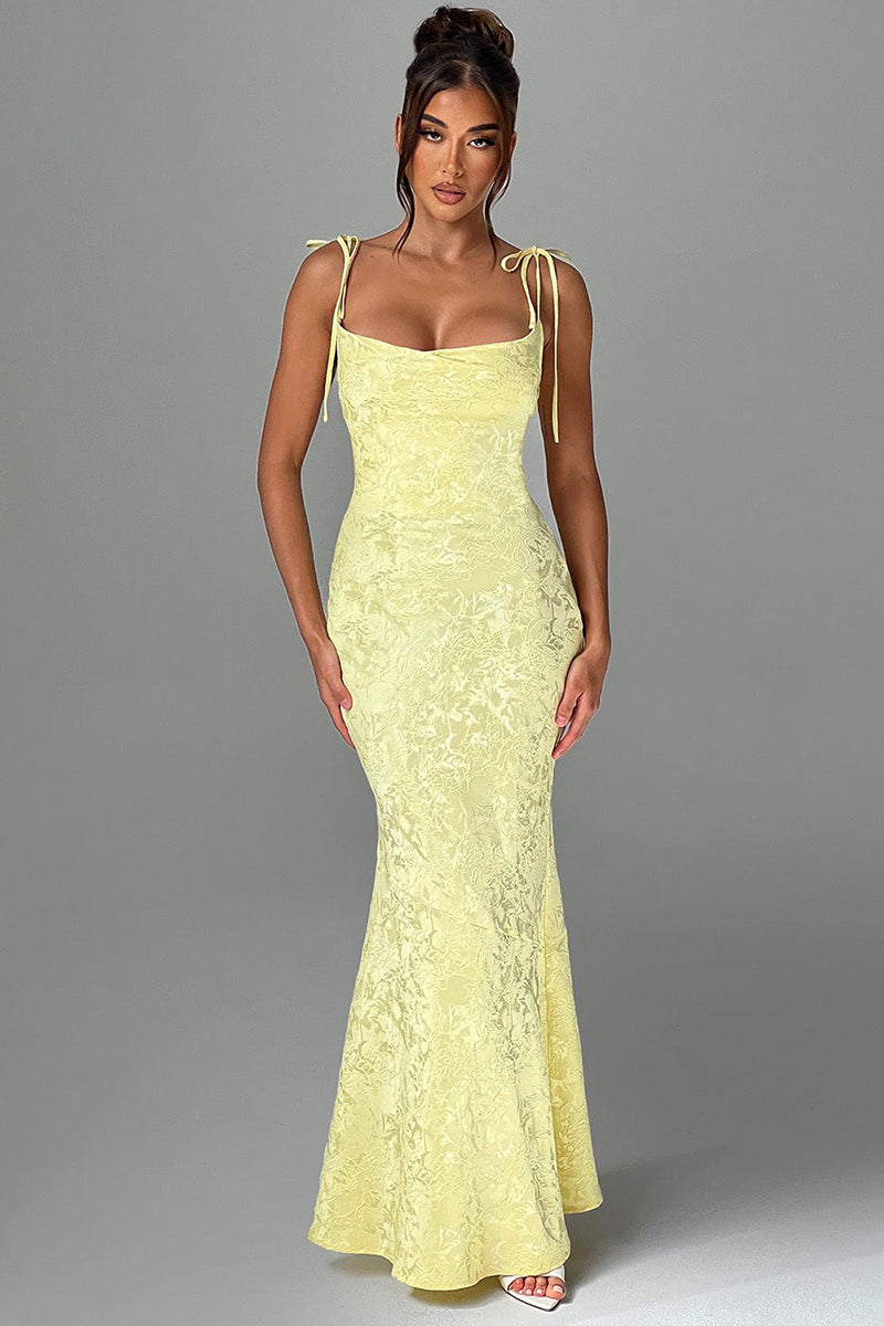 Lace Up Spaghetti Strap Slim Fit Jacquard Maxi Dresses-Yellow