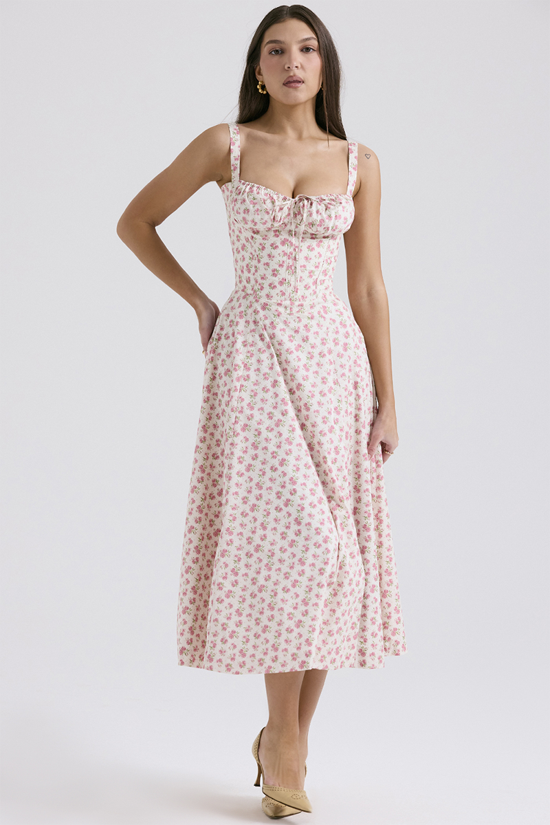 Ditsy Floral Print Front Tie Up Cinch Waist Slip Midi Dresses-Pink