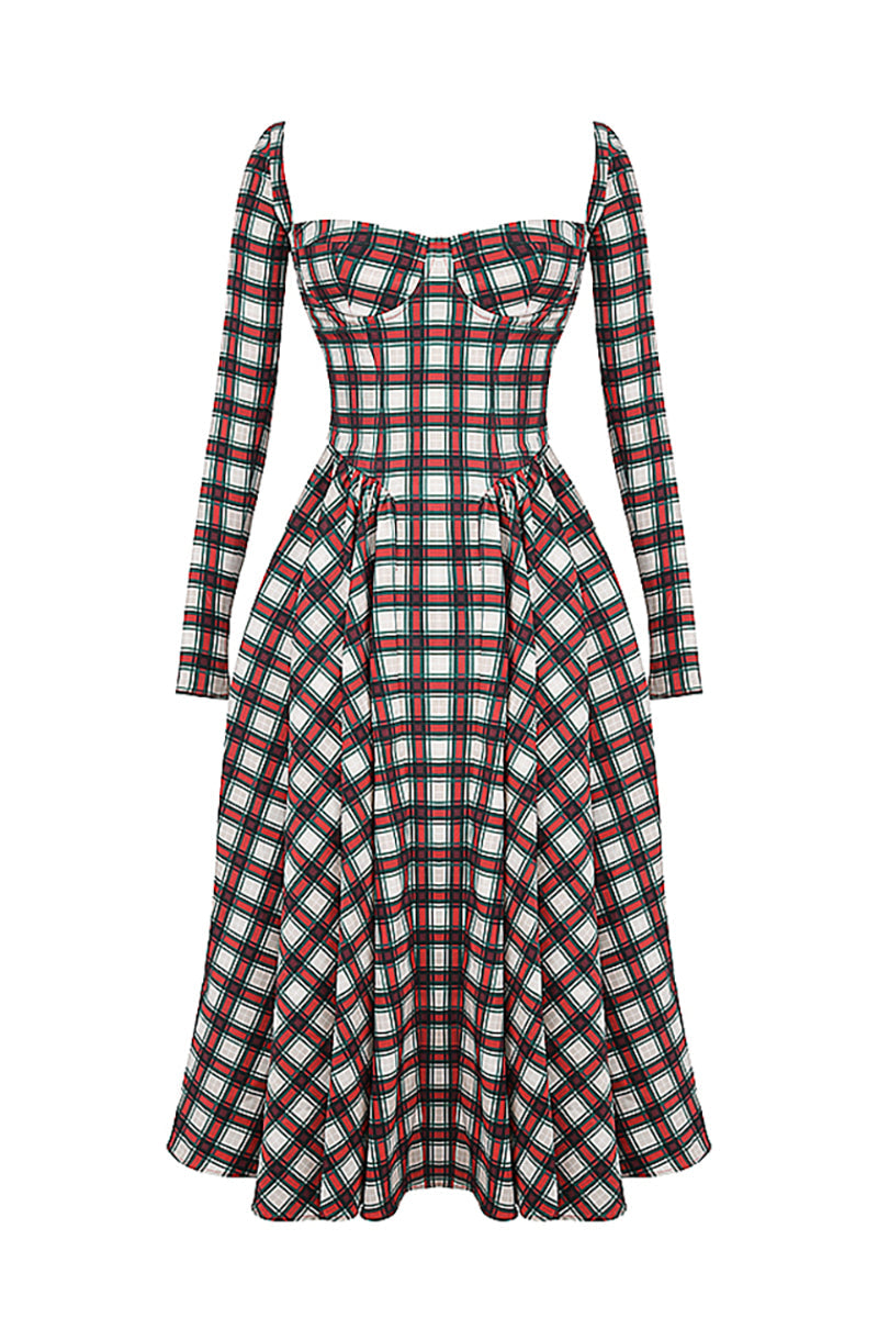 Plaid Pattern Long Sleeve Corset A-Line Pleated Midi Dresses-Red
