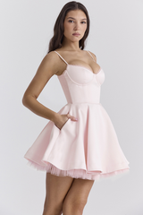 Spaghetti Strap Deep V Neck Cinch Waist Mini Dresses-Pink