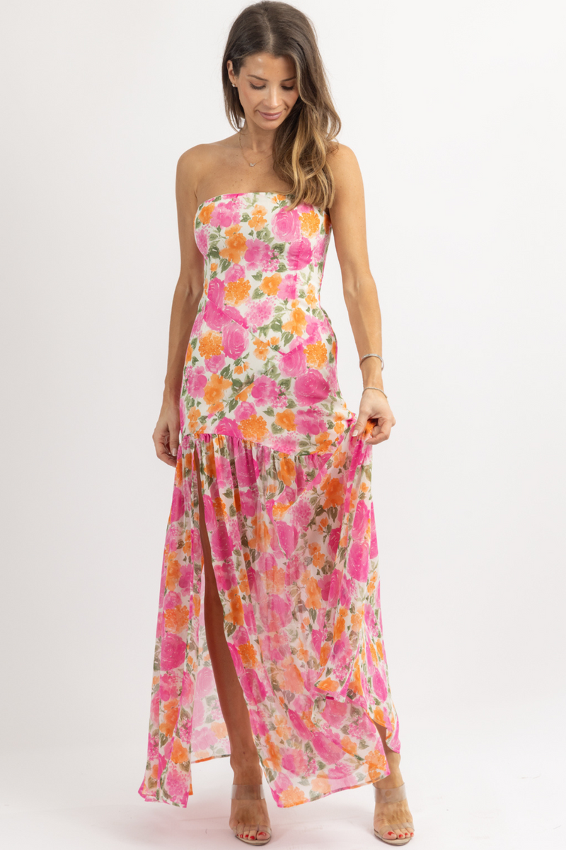 Floral Print Strapless Slit Side Flowy Maxi Dresses-Pink
