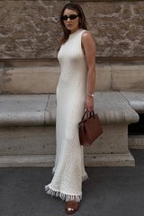 Knit Round Neck Slim Fit Fishtail Fringed Hemline Maxi Tank Dresses-White