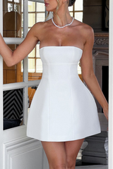 Boat Neck Solid Color A-Line Wide Hem Cocktail Party Mini Tank Dresses-White