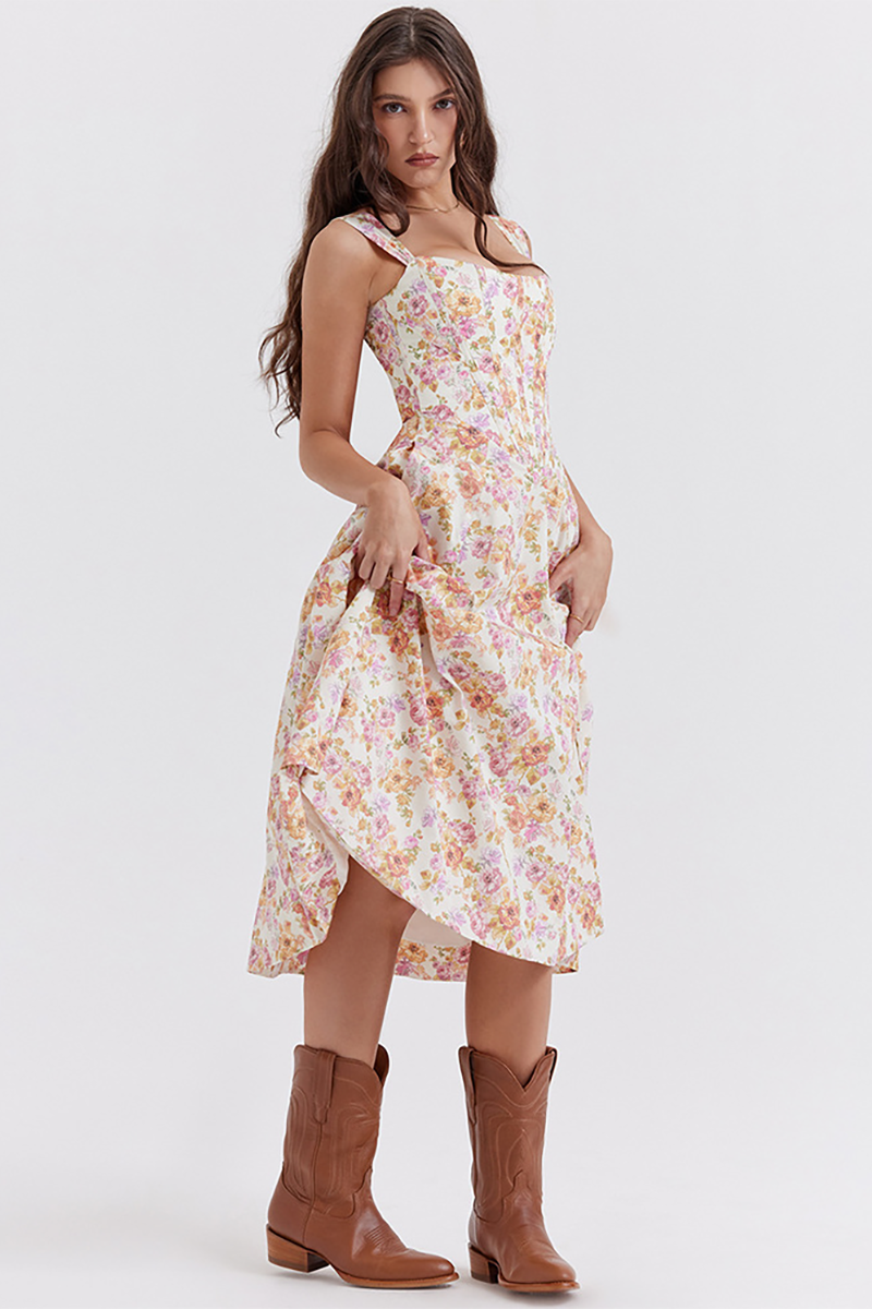 Floral Print Wide Strap Corset A-Line Slit Midi Dresses-White